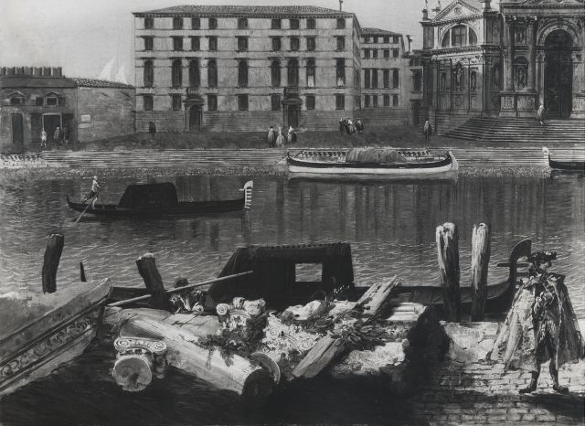 A. C. Cooper — Marieschi Michele - sec. XVIII - Veduta di Venezia con la chiesa di S. Maria della Salute: rovine e figura maschile — particolare